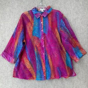 Draper Damons Semi Sheer Multicolor Button Pink Blouse Art Abstract Textured 2X‎